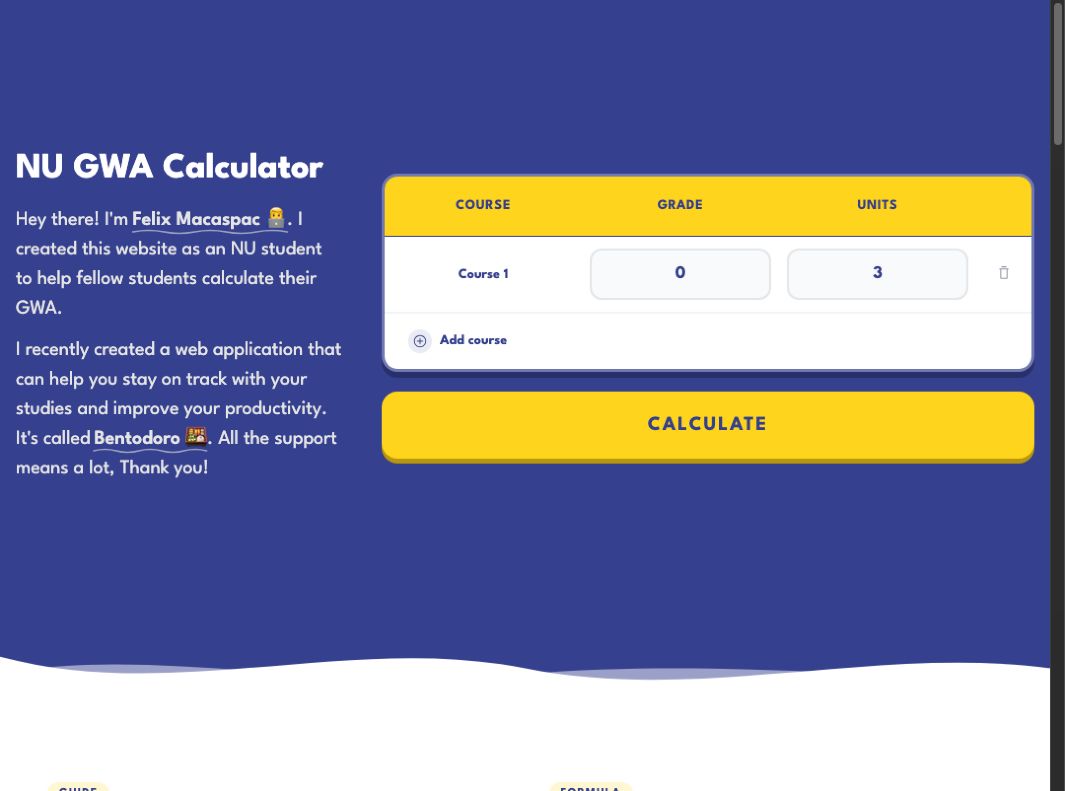NU GWA Calculator interface with editable course, grade, and unit fields