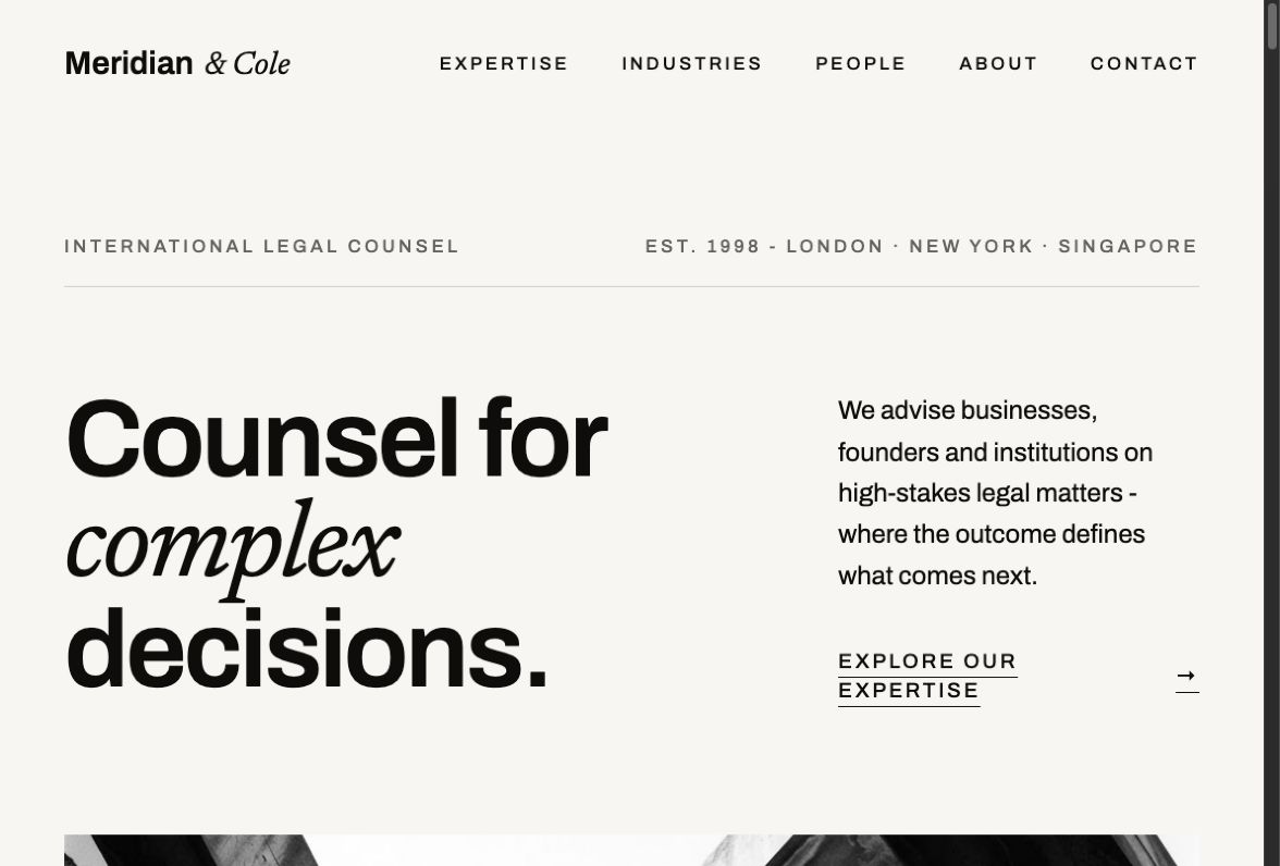 Meridian & Cole homepage with oversized black editorial headline on a white background