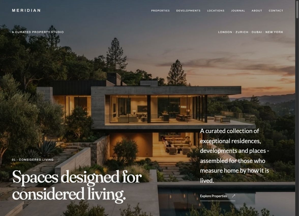 Meridian Real Estate homepage showing a modern residence at dusk behind an editorial headline